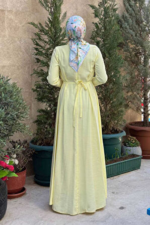 Bel Kuşaklı Kol Fermuar Detaylı Elbise 6041 Sarı