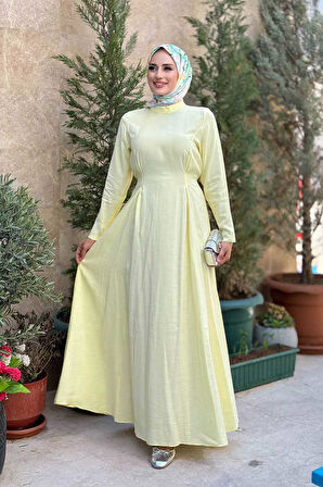 Bel Kuşaklı Kol Fermuar Detaylı Elbise 6041 Sarı