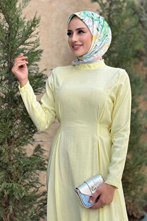 Bel Kuşaklı Kol Fermuar Detaylı Elbise 6041 Sarı