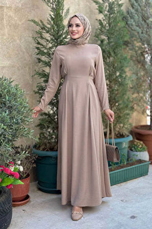 Bel Kuşaklı Kol Fermuar Detaylı Elbise 6041 Vizon