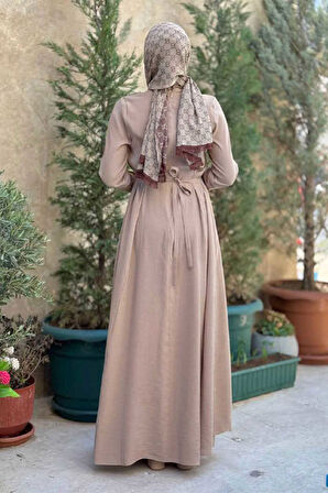 Bel Kuşaklı Kol Fermuar Detaylı Elbise 6041 Vizon