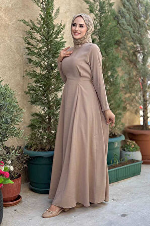 Bel Kuşaklı Kol Fermuar Detaylı Elbise 6041 Vizon