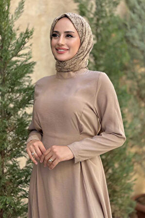 Bel Kuşaklı Kol Fermuar Detaylı Elbise 6041 Vizon