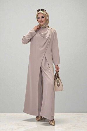 Tek Omuz Gold Toka Detaylı Tunik Pantolon Takım 8698 Vizon