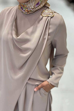 Tek Omuz Gold Toka Detaylı Tunik Pantolon Takım 8698 Vizon