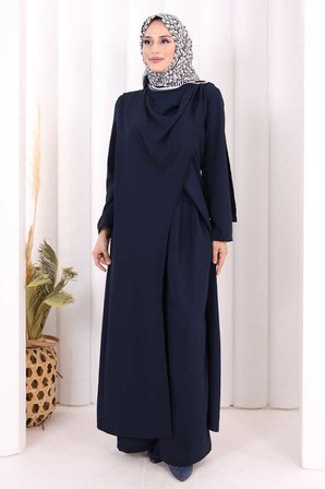 Tek Omuz Gold Toka Detaylı Tunik Pantolon Takım 8698 Lacivert