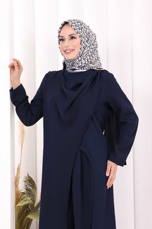 Tek Omuz Gold Toka Detaylı Tunik Pantolon Takım 8698 Lacivert