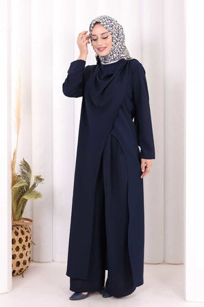 Tek Omuz Gold Toka Detaylı Tunik Pantolon Takım 8698 Lacivert
