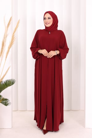 Fermuarlı Kol Manşetleri Büzgülü Mevlana Ferace 6007 Bordo