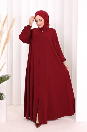 Fermuarlı Kol Manşetleri Büzgülü Mevlana Ferace 6007 Bordo