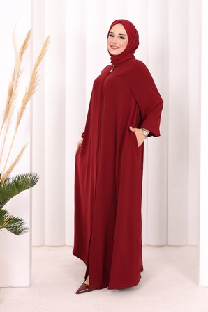 Fermuarlı Kol Manşetleri Büzgülü Mevlana Ferace 6007 Bordo