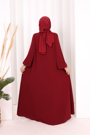 Fermuarlı Kol Manşetleri Büzgülü Mevlana Ferace 6007 Bordo