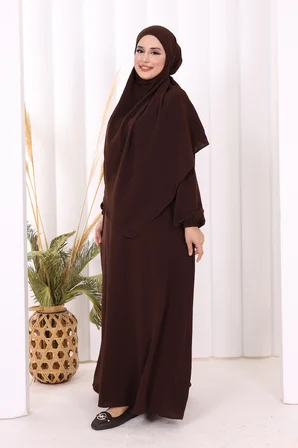 Dubai Sufleli Elbise Takım 6044 Kahverengi