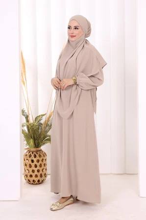 Dubai Sufleli Elbise Takım 6044 Vizon