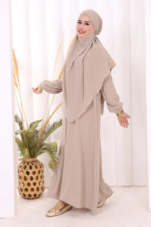 Dubai Sufleli Elbise Takım 6044 Vizon