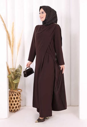 Tek Omuz Gold Toka Detaylı Tunik Pantolon Takım 8698 Kahverengi