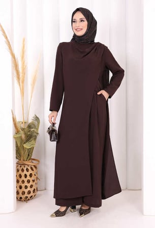 Tek Omuz Gold Toka Detaylı Tunik Pantolon Takım 8698 Kahverengi