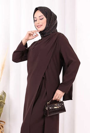 Tek Omuz Gold Toka Detaylı Tunik Pantolon Takım 8698 Kahverengi