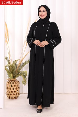 6011-1 Çizgili Fermuarlı Ferace Siyah