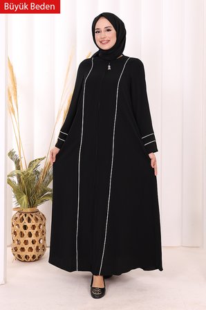 6011-1 Çizgili Fermuarlı Ferace Siyah