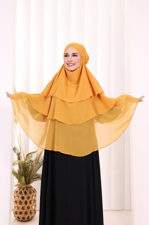Peçeli 3 Katlı Şifon Sufle Şal 6012 Hardal