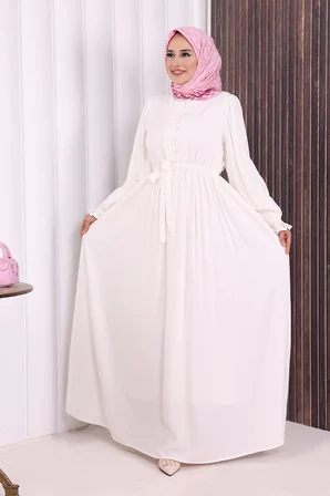 Düğme Detay Elbise 6055 Ekru