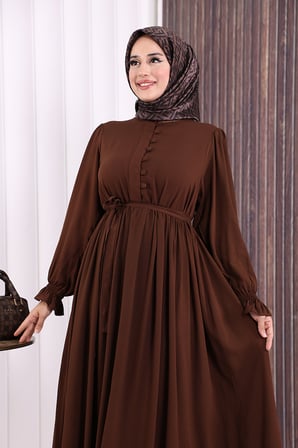 Düğme Detay Elbise 6055 Kahverengi