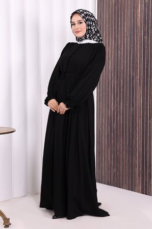 Düğme Detay Elbise 6055 Siyah
