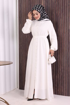 Boydan Düğmeli Ferace 6056 Ekru