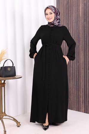 Boydan Düğmeli Ferace 6056 Siyah