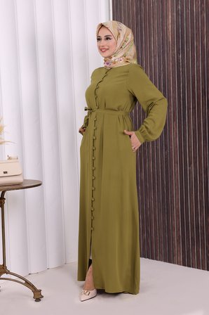Boydan Düğmeli Ferace 6056 Yağ Yeşili