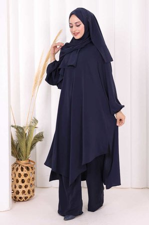Umre Dubai Tunik Pantolon Takım ŞAL HEDİYE  8003 Lacivert