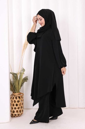 Umre Dubai Tunik Pantolon Takım ŞAL HEDİYE  8003 Siyah