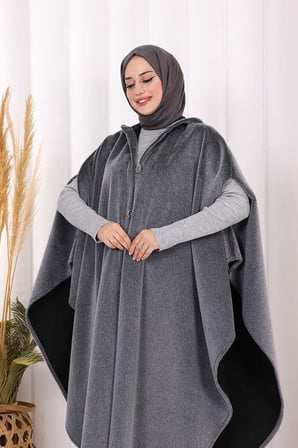 Foks Kumaş Kapşonlu Panço 70130 Gri
