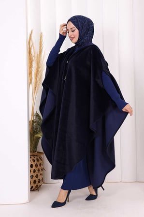 Foks Kumaş Kapşonlu Panço 70130 Lacivert