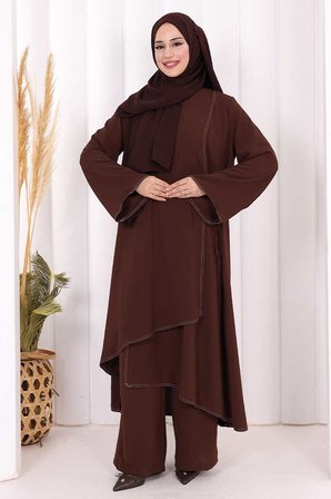 Biyeli Uzun Tunik Pantolon Takım 8005 Kahverengi
