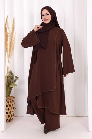 Biyeli Uzun Tunik Pantolon Takım 8005 Kahverengi