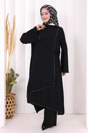 Biyeli Uzun Tunik Pantolon Takım 8005 Siyah