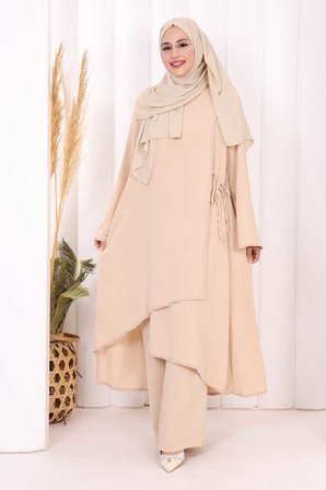 Biyeli Uzun Tunik Pantolon Takım 8005 Taş