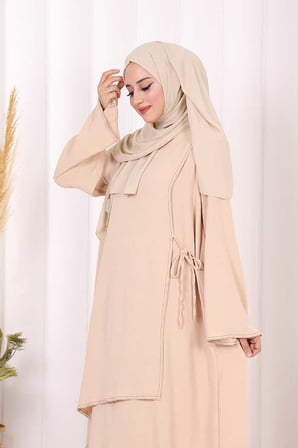 Biyeli Uzun Tunik Pantolon Takım 8005 Taş