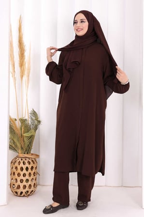 Hac Umre Tunik Pantolon Takım 8006 Kahverengi
