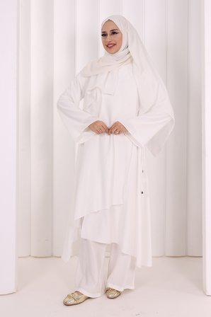 Yandan Bağlamalı Tunik Pantolon Takım 8008 Ekru