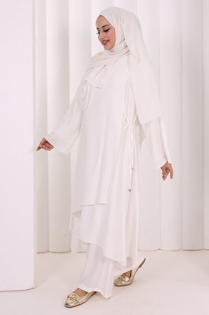 Yandan Bağlamalı Tunik Pantolon Takım 8008 Ekru