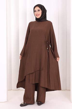 Yandan Bağlamalı Tunik Pantolon Takım 8008 Kahverengi