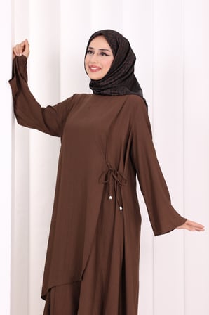 Yandan Bağlamalı Tunik Pantolon Takım 8008 Kahverengi