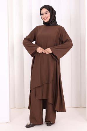 Yandan Bağlamalı Tunik Pantolon Takım 8008 Kahverengi