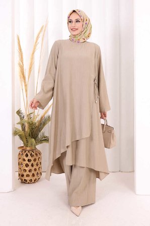 Yandan Bağlamalı Tunik Pantolon Takım 8008 Vizon