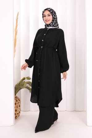 Hac Umre Keten Tunik Pantolon Takım 8013 Siyah