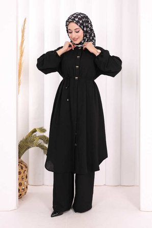 Hac Umre Keten Tunik Pantolon Takım 8013 Siyah