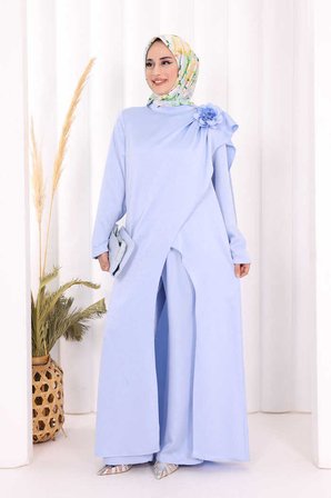 Saten Gül Broşlu Uzun Tunik Pantolon İkili Takım 8010 Mavi